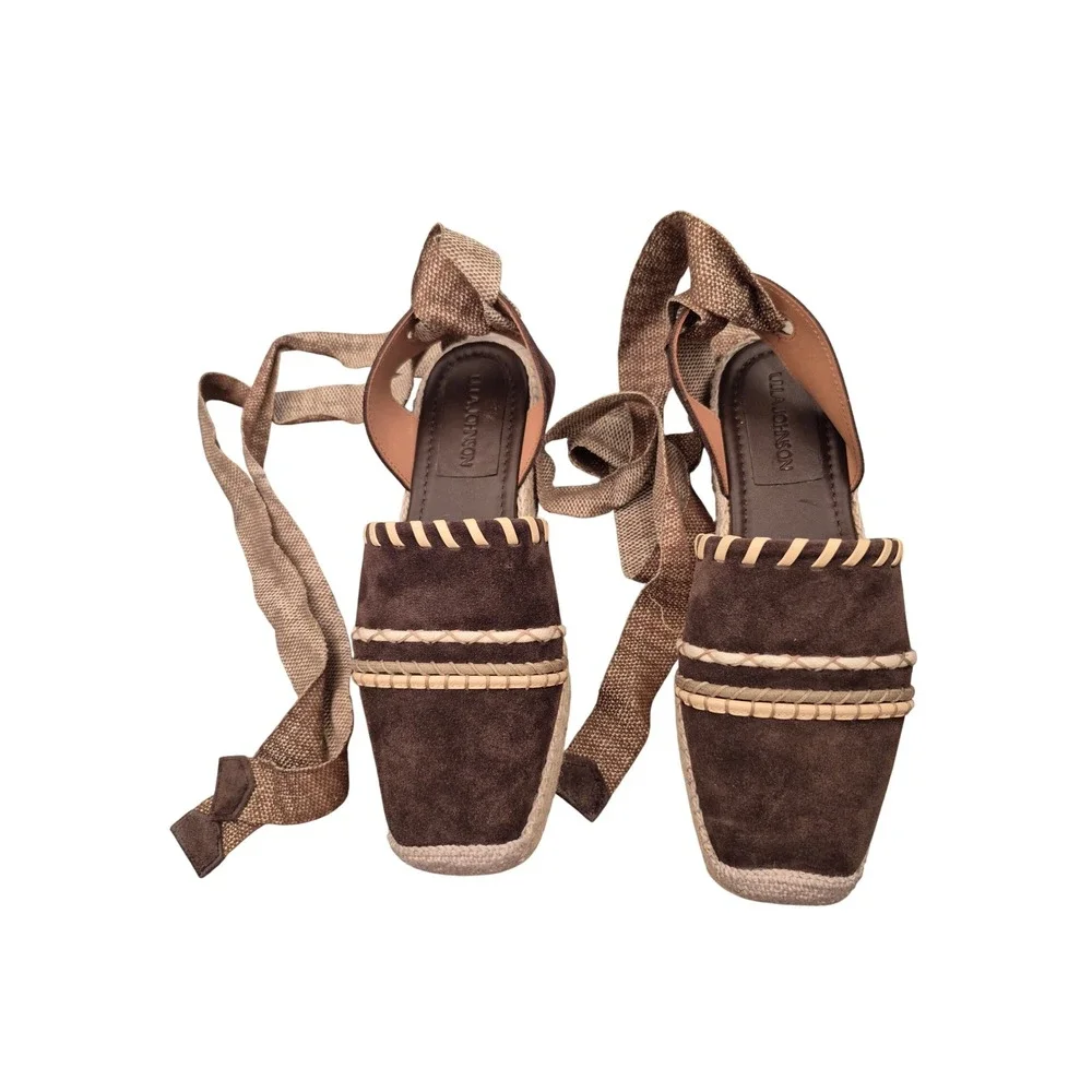 Ulla Johnson Suede Lace Up Espadrille Whipstitch Square Toe Boho Sz 39 EU 8.5 US